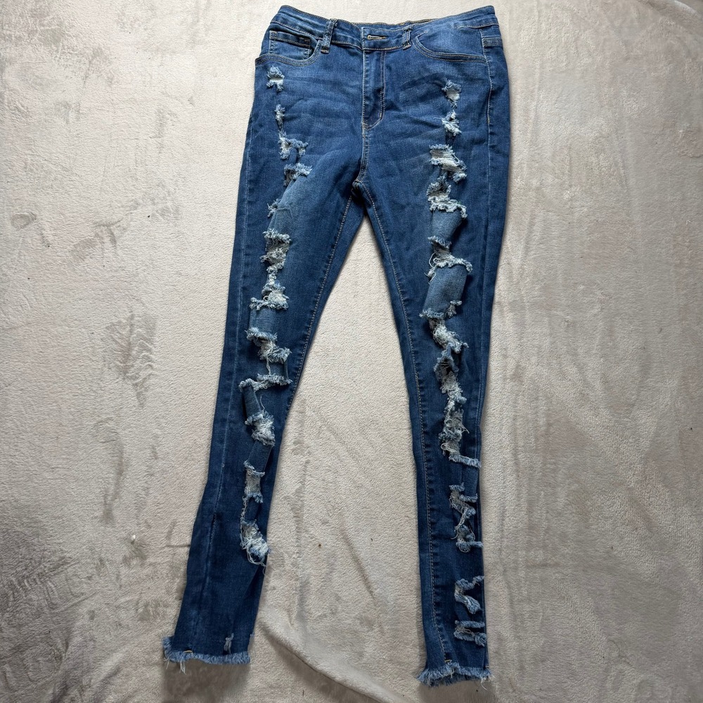 Womens Blue Denim Skinny Jeans Distressed Ripped High Rise‎ Frayed Hem Size M